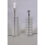 A pair of glass table lamps with chromed mounts, 46cm high