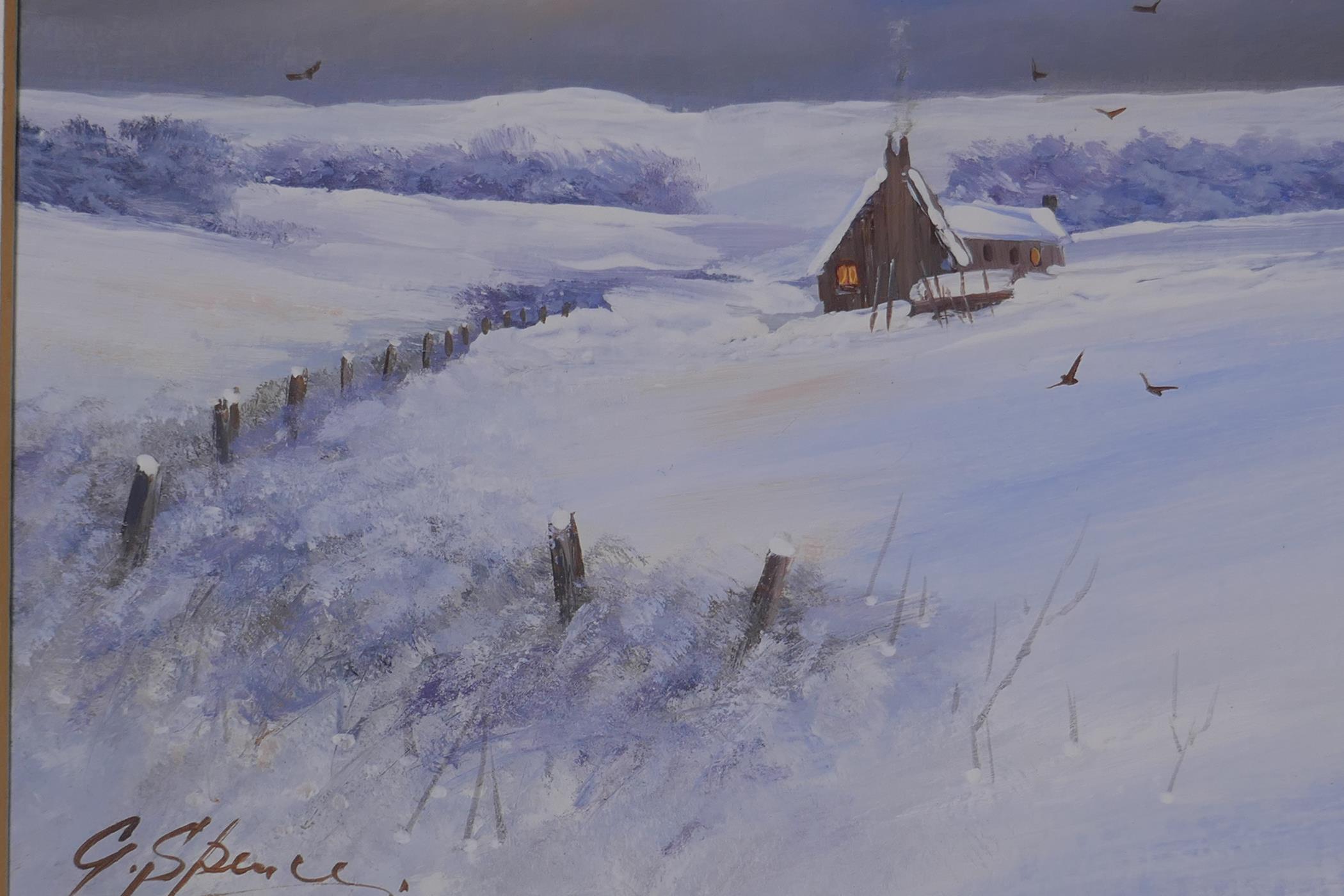 George C. Spence, Winter Night, Scotland, and Winter Study, Fife, pair of oils on bard, signed, both - Image 2 of 6