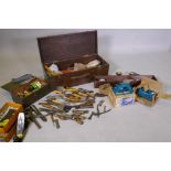 A quantity of vintage hand tools, a Stanley No 4 plane, unused, Black and Decker saw etc
