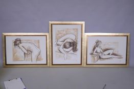 Female nudes, three oils on canvas, monogrammed, 70 x 50cm