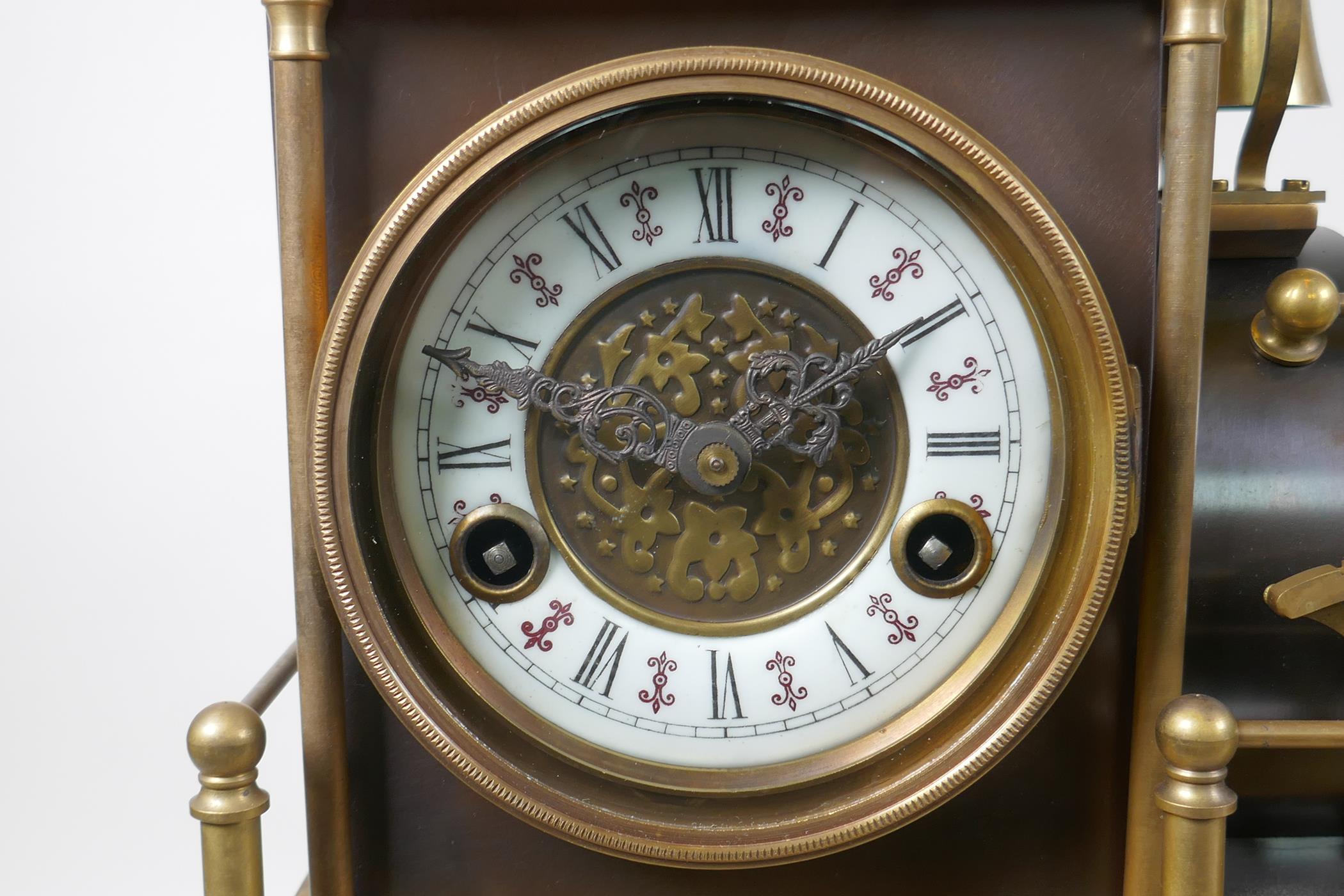 A French style bronze and brass automaton locomotive clock, 47cm long, 45cm high - Image 3 of 8