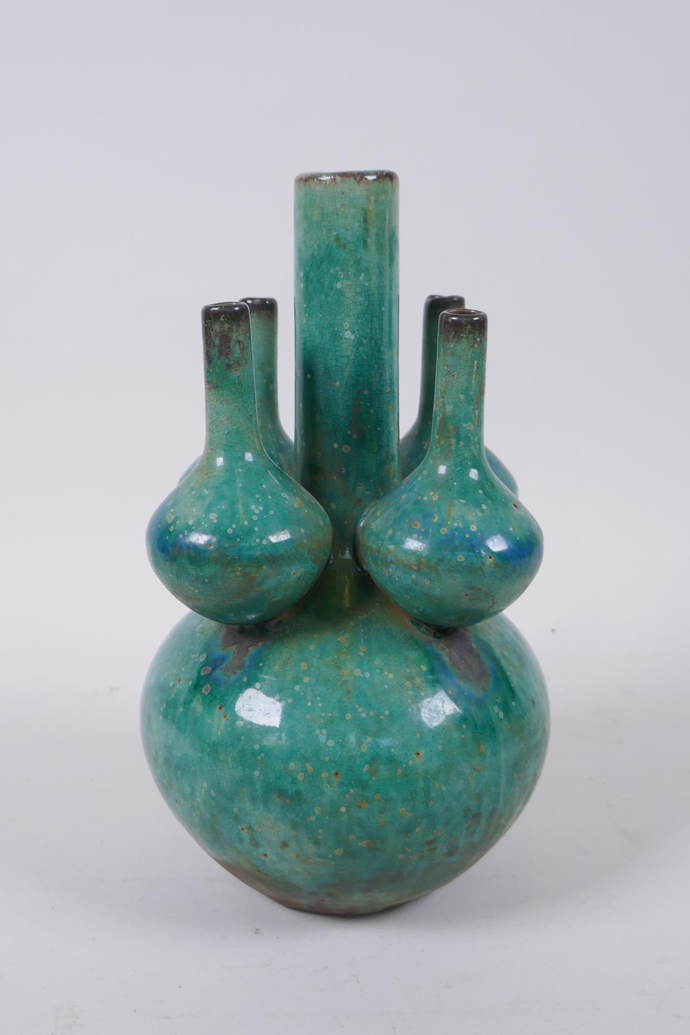 A Chinese green crackle glazed porcelain tulip vase, 22cm high - Image 3 of 5