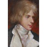 After Gainsborough, portrait of a young man, miniature oil on metal panel, 8 x 11cm