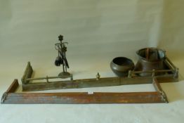 A Victorian copper fender, 130 x 28cm, a pierced brass and steel fender, fire irons, brass letter