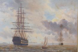 D. Olson, Royal Naval battleships at anchor, signed, mid C20th, oil on canvas, 76 x 50cm