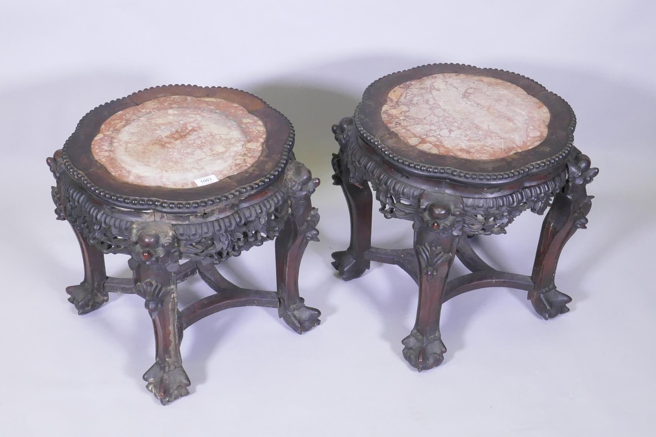 A pair of C19th Chinese hardwood tables/stands, with inset rouge marble tops, carved and pierced - Image 2 of 6