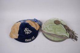 A pre-WWI Scottish football cap in blue and white, monogrammed SL, for the 1906-07 season, made by