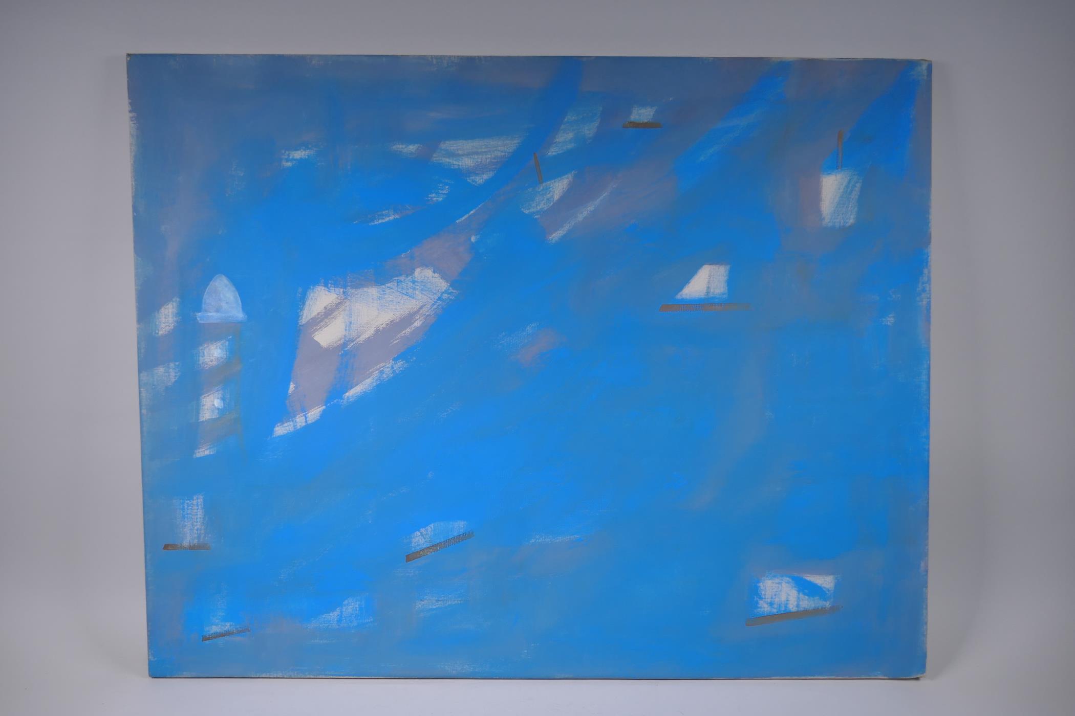 Abstract study of a harbour with boats and lighthouse, (abstract study verso), oil on canvas, - Image 2 of 4