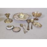 A sterling silver dish, silver bon bon dish, spoons, compact, AF, dwarf candlesticks etc, 361