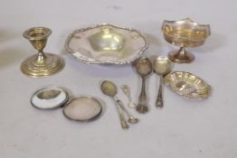 A sterling silver dish, silver bon bon dish, spoons, compact, AF, dwarf candlesticks etc, 361