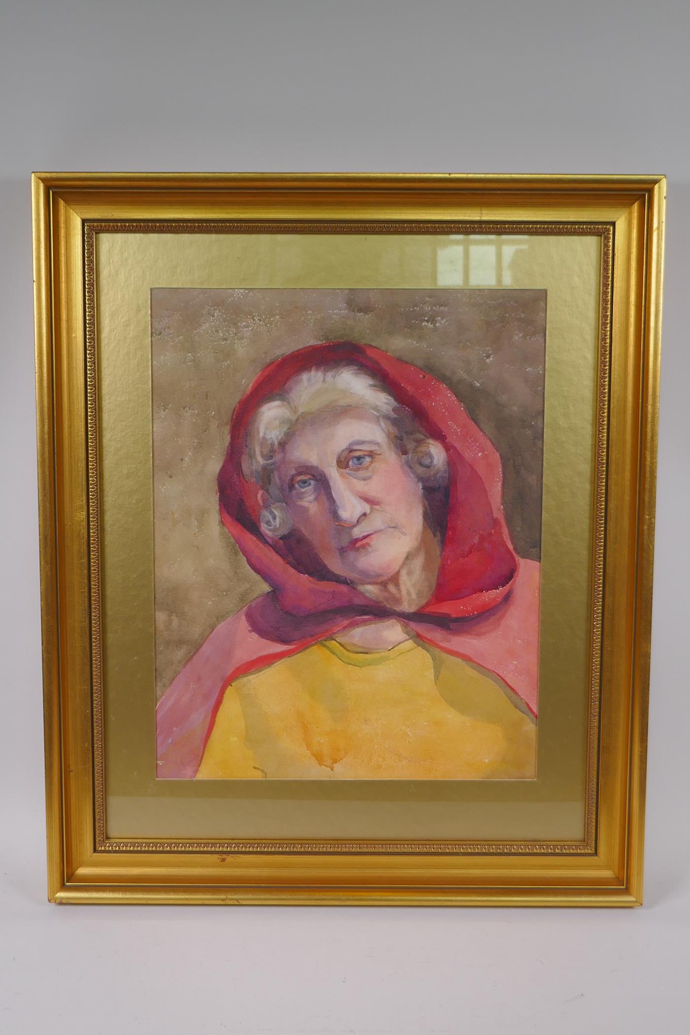Portrait of an old woman in a red shawl, watercolour, 30 x 40cm - Image 2 of 2