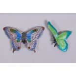 A vintage sterling silver and guilloche enamel butterfly brooch, and another similar, 7 x 4.5cm