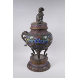 A late C19th/early C20th oriental bronze censer and cover on stand with archaic style cloisonne