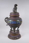 A late C19th/early C20th oriental bronze censer and cover on stand with archaic style cloisonne