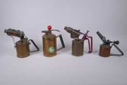 Four vintage brass and copper blowtorches, including a Primus, and a Swedish Optimus, etc largest