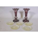 A pair of C19th Bohemian ruby overlaid glass vases/lustres and five cut glass dishes, lustres 29cm
