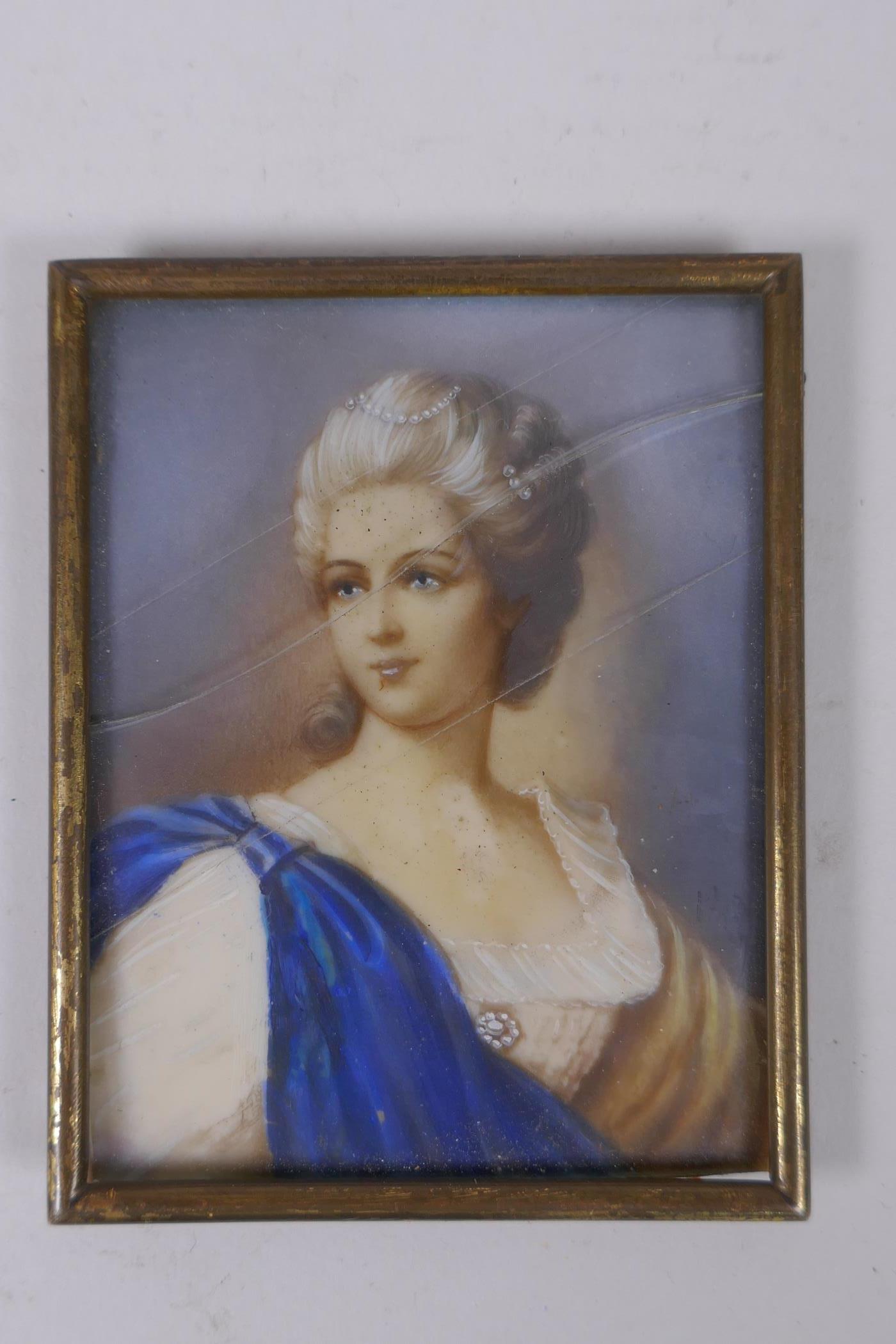 A miniature portrait on ivorine of a lady, indistinctly signed, 7 x 9cm - Image 2 of 3