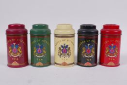 Five vintage tea cannisters from Jacksons of Piccadilly, with contents, 11cm high