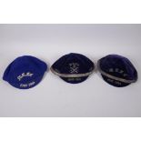 Three pre-WWI Scottish Football Caps in blue and gold/white for M.C.F.C., possibly Morton or