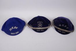 Three pre-WWI Scottish Football Caps in blue and gold/white for M.C.F.C., possibly Morton or