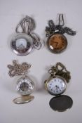 A silver plated pocket watch on chain, and three other pocket watches on chains