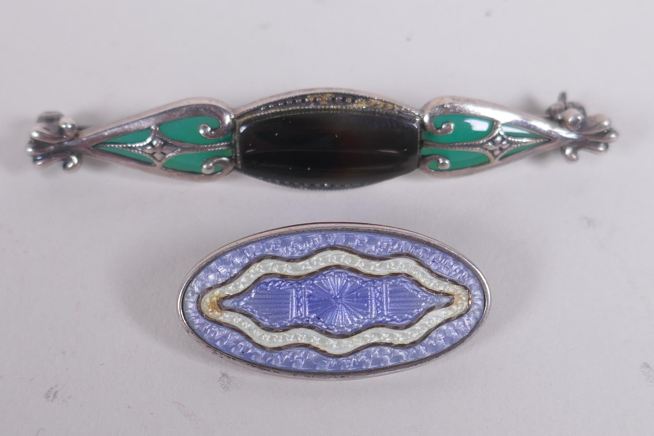 A vintage sterling silver and guilloche enamel oval brooch, and a vintage 925 silver and stone set