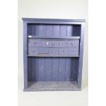 A painted pine open cabinet with an associated mahogany nest of drawers, 103cm x 39cm, 123cm high