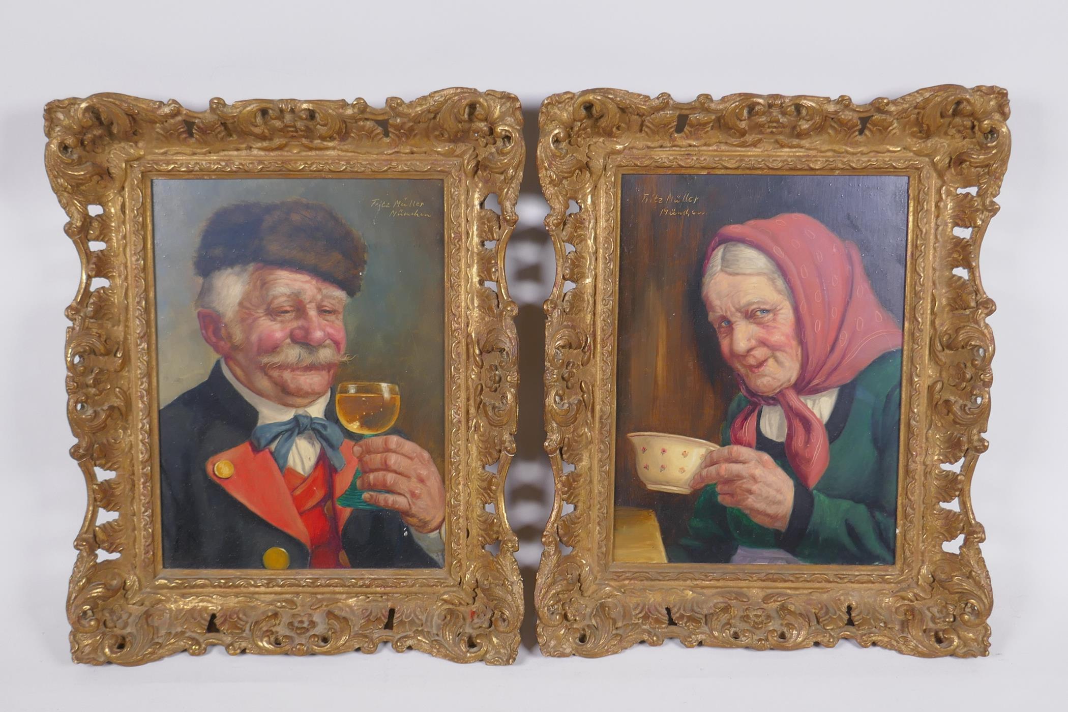 Fritz Muller, the wine drinker and coffee drinker, signed Fritz Muller, Munchen, oils on board, in