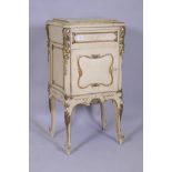 A late C19th/early C20th Italian painted and parcel gilt pot cupboard, with marble top, single