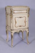 A late C19th/early C20th Italian painted and parcel gilt pot cupboard, with marble top, single