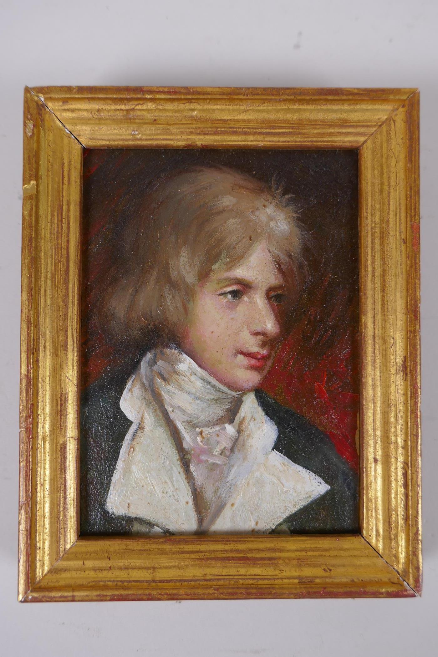 After Gainsborough, portrait of a young man, miniature oil on metal panel, 8 x 11cm - Image 2 of 3