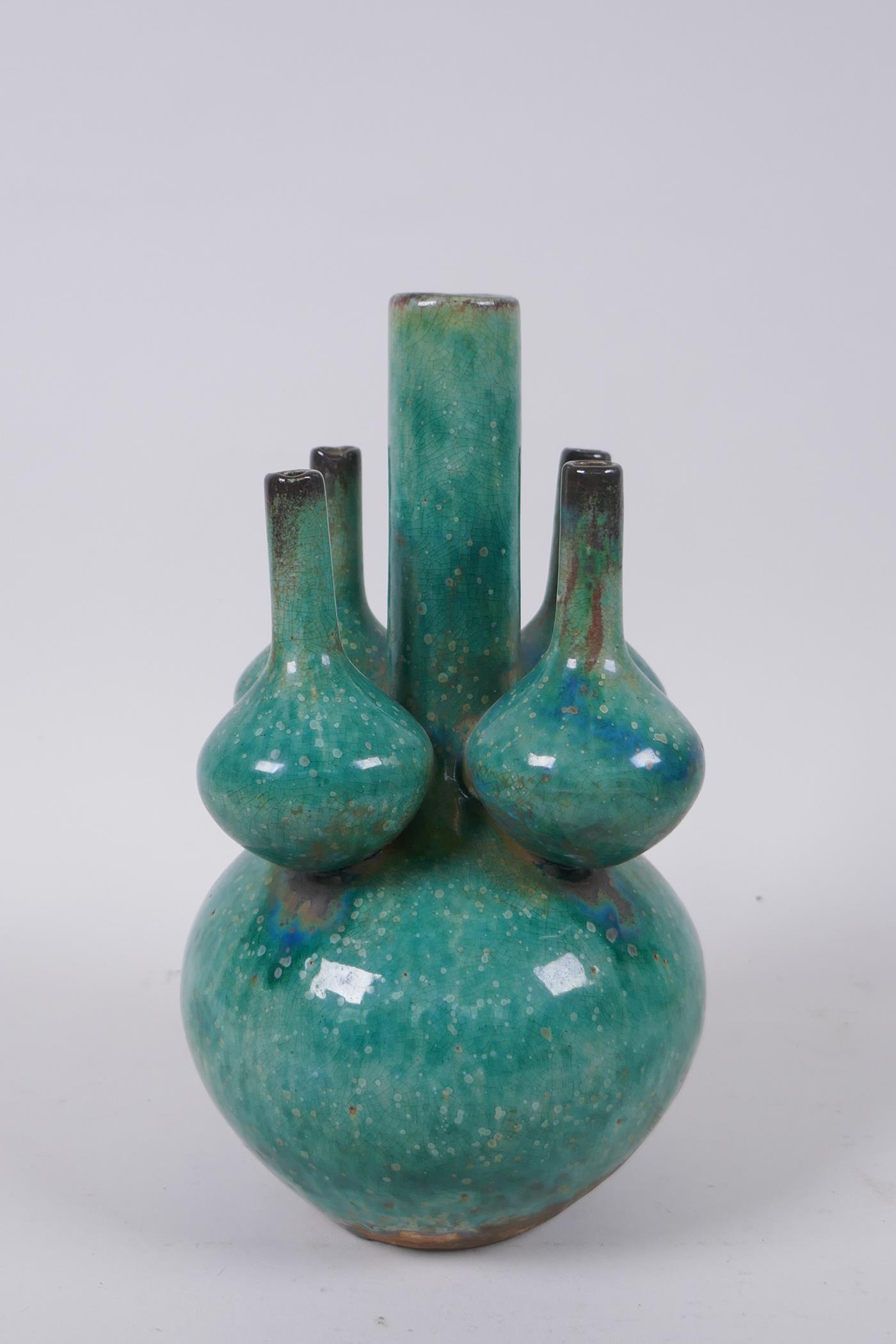 A Chinese green crackle glazed porcelain tulip vase, 22cm high - Image 2 of 5