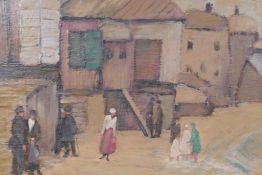 Beach scene with figures by fishermen's huts, signed R. Jack, oil on board, 45 x 53cm