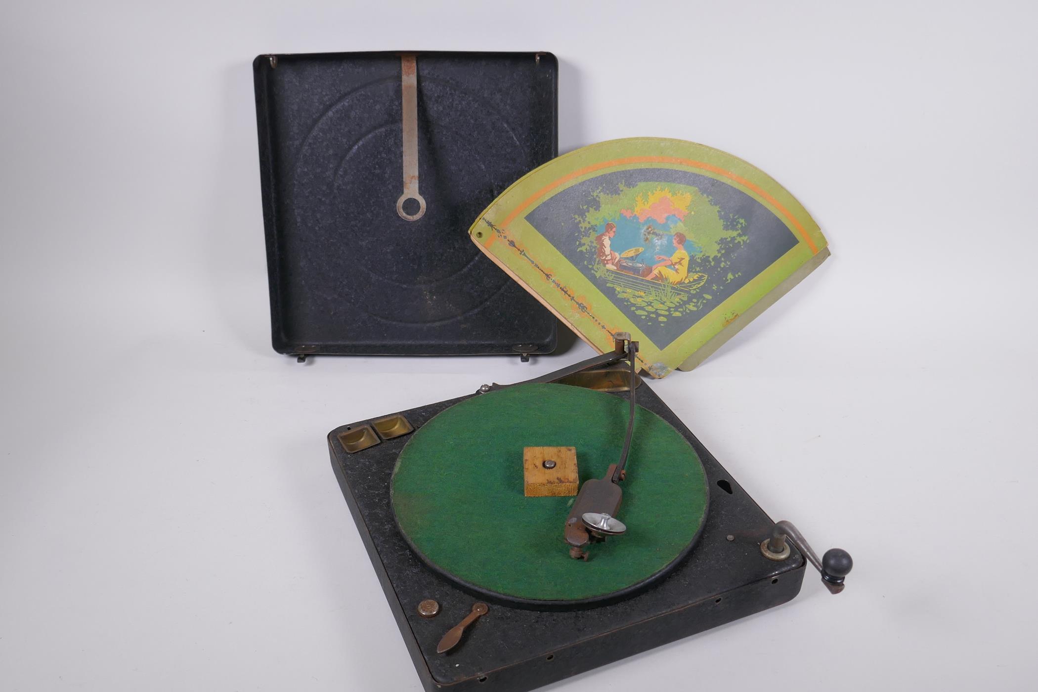 An early 1920s  Polly Portable type gramophone player with fold out loud speaker, 27 x 27 x 6cm - Image 3 of 4