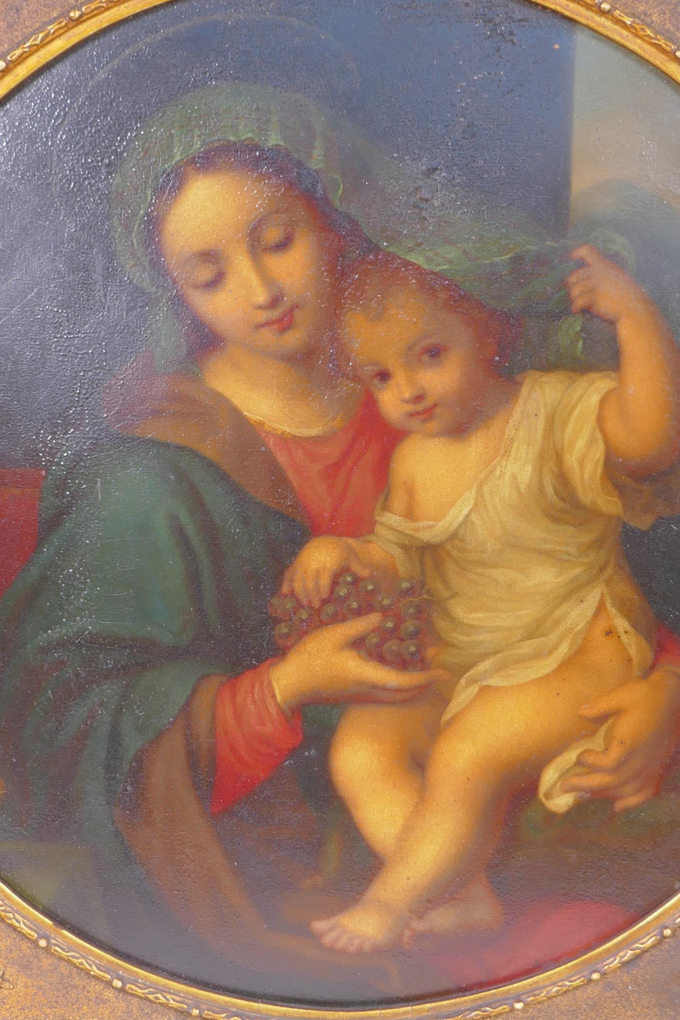 After Pierre Mignard, The Madonna of the Grapes, antique oil on copper panel, 34cm diameter - Image 2 of 4