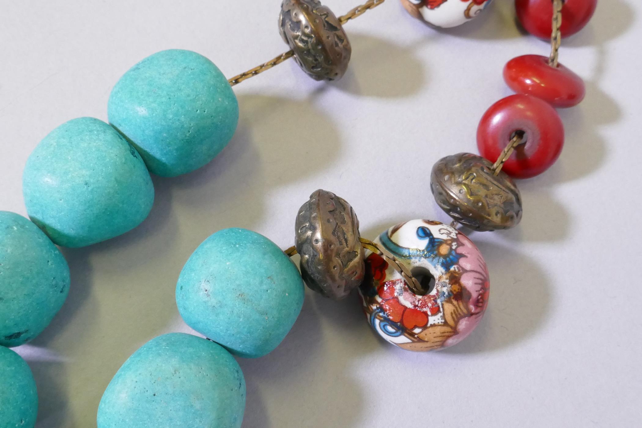 An oriental turquoise and enamelled bead necklace, 48cm long - Image 2 of 3