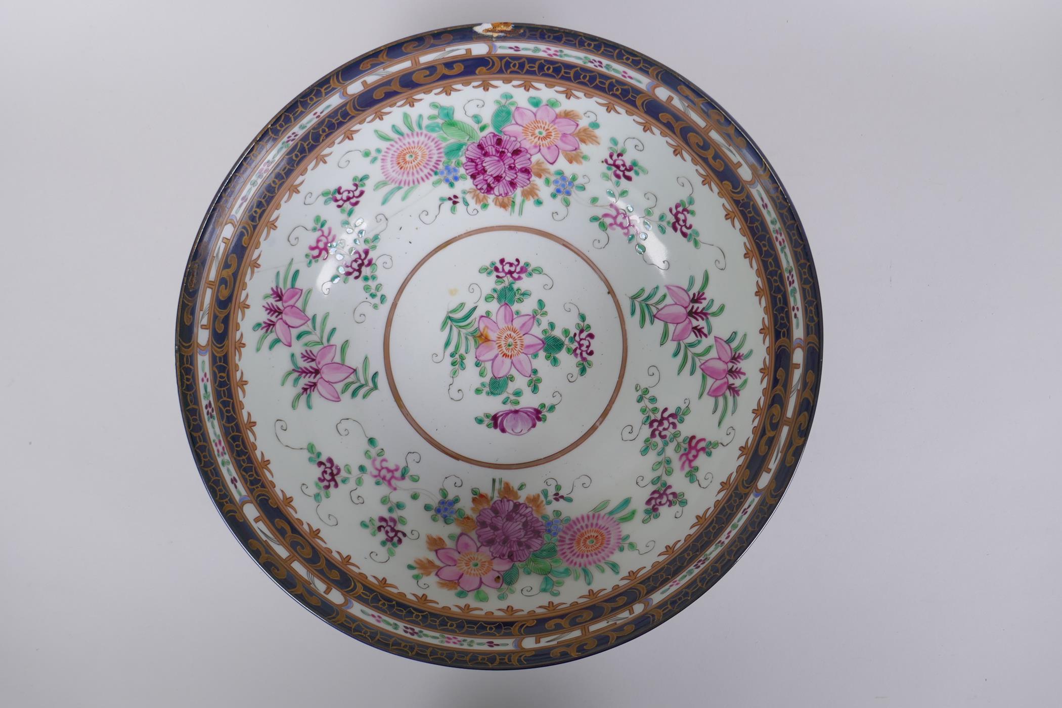 A late C19th/early C20th Chinese export ware punch bowl, the interior decorated with famille rose - Image 2 of 5