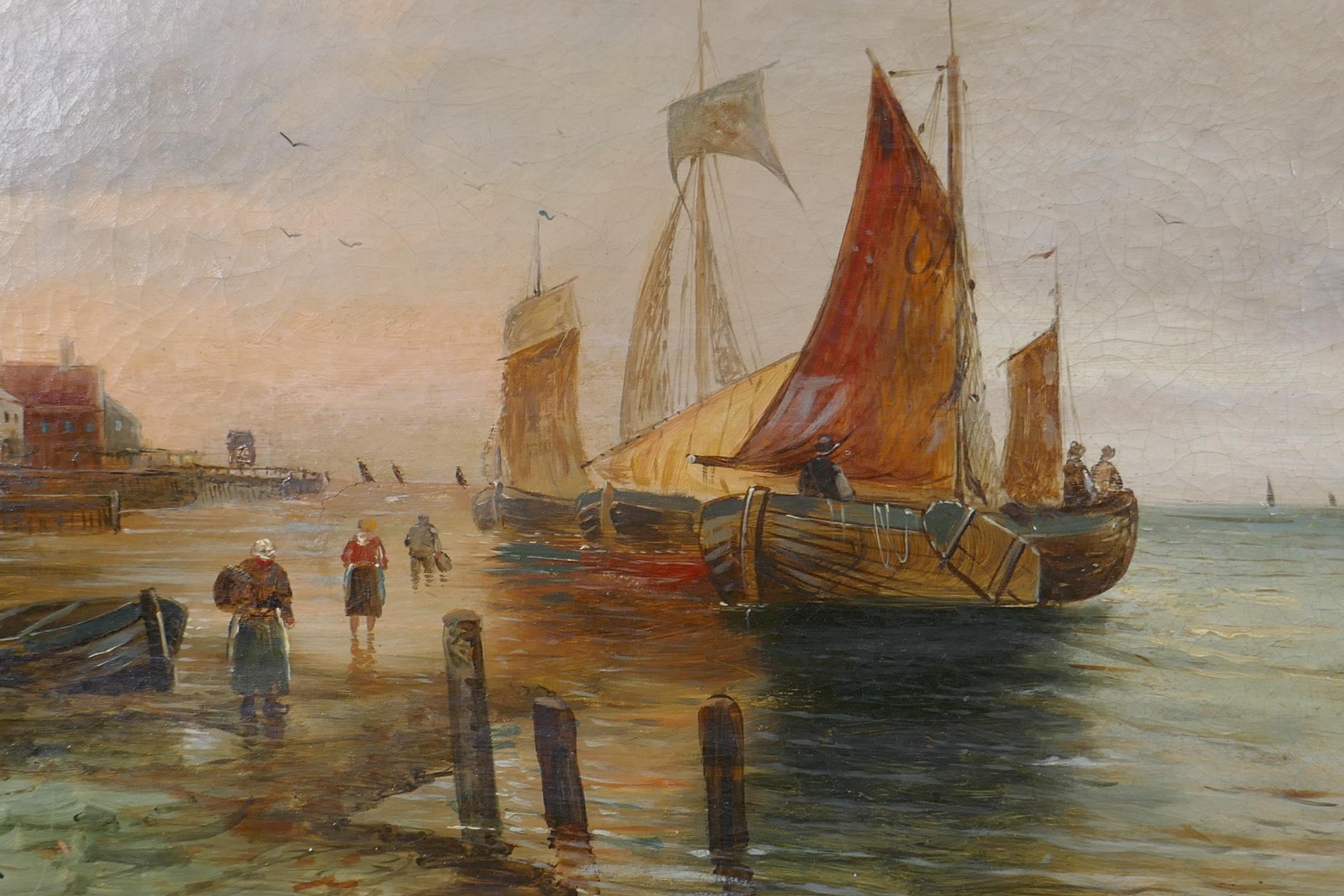 Van Porten, Dutch barges in a coastal inlet with fisherfolk, signed, oil on canvas, 30 x 46cm - Image 2 of 8