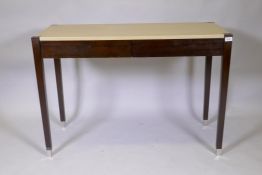 A contemporary hardwood two drawer writing table with faux shagreen top, 100 x 50 x 75cm
