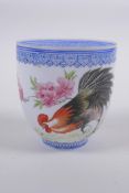 A Chinese Republic period eggshell porcelain cup with hand painted cockerel decoration, signed in
