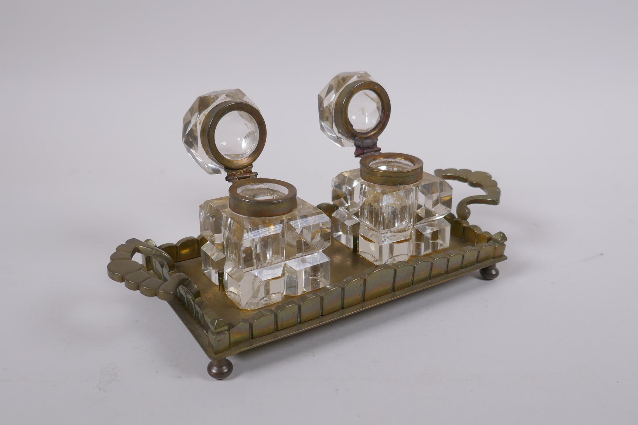 An antique brass and glass twin inkwell desk stand, 21 x 9cm - Image 3 of 3