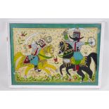 An Ottoman reverse painting on glass depicting two figures on horseback fighting, 49 x 35cm
