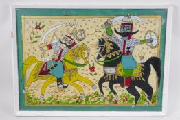 An Ottoman reverse painting on glass depicting two figures on horseback fighting, 49 x 35cm