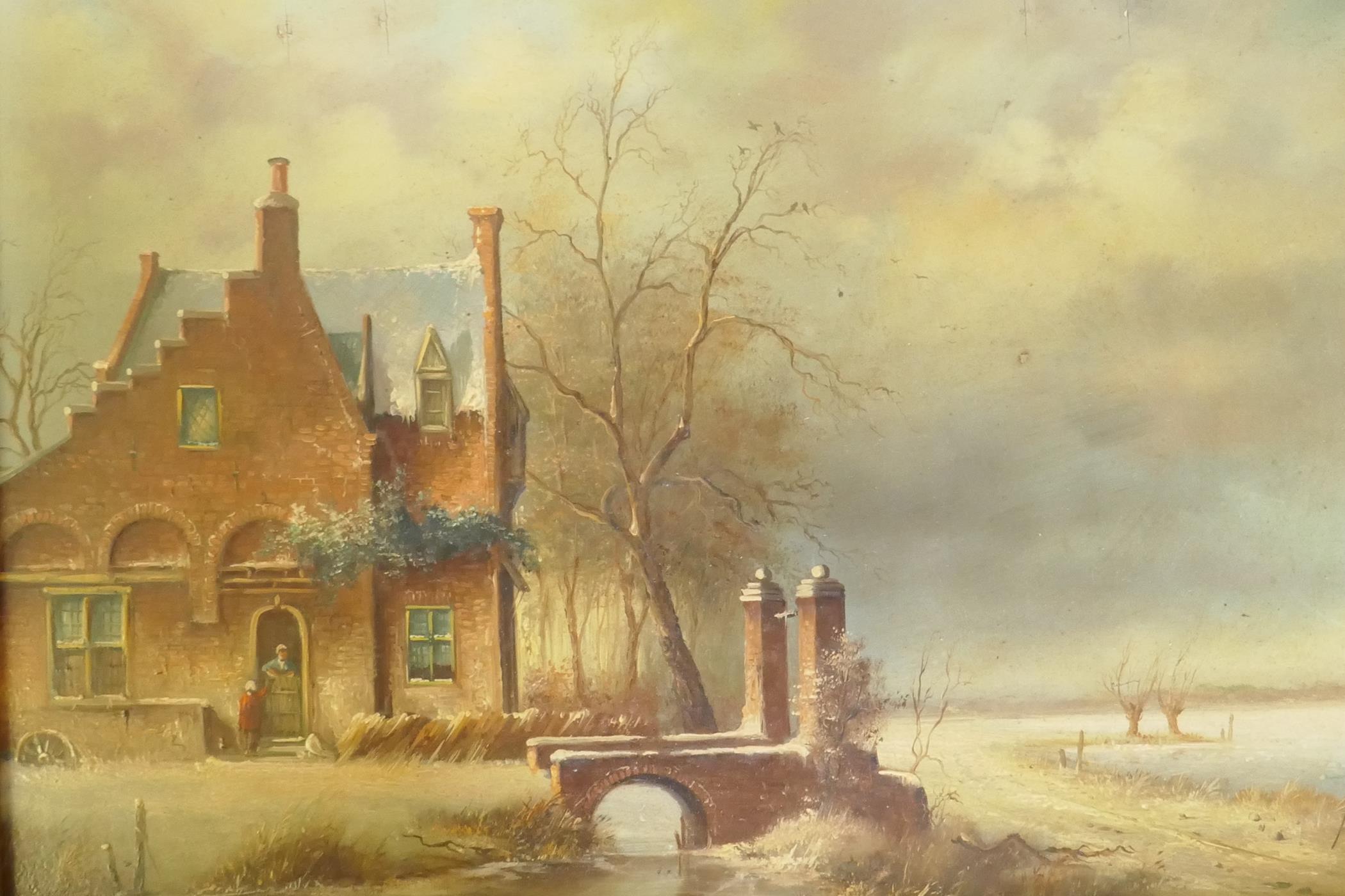 Pieter Cornelis Steenhouwer, a pair of Dutch winter landscapes, oil on board, signed, C20th, in gilt - Image 4 of 8