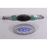 A vintage sterling silver and guilloche enamel oval brooch, and a vintage 925 silver and stone set