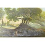 Landscape with figures under an oak tree, C18th/C19th, unsigned, oil on panel, in a gilt wood frame,