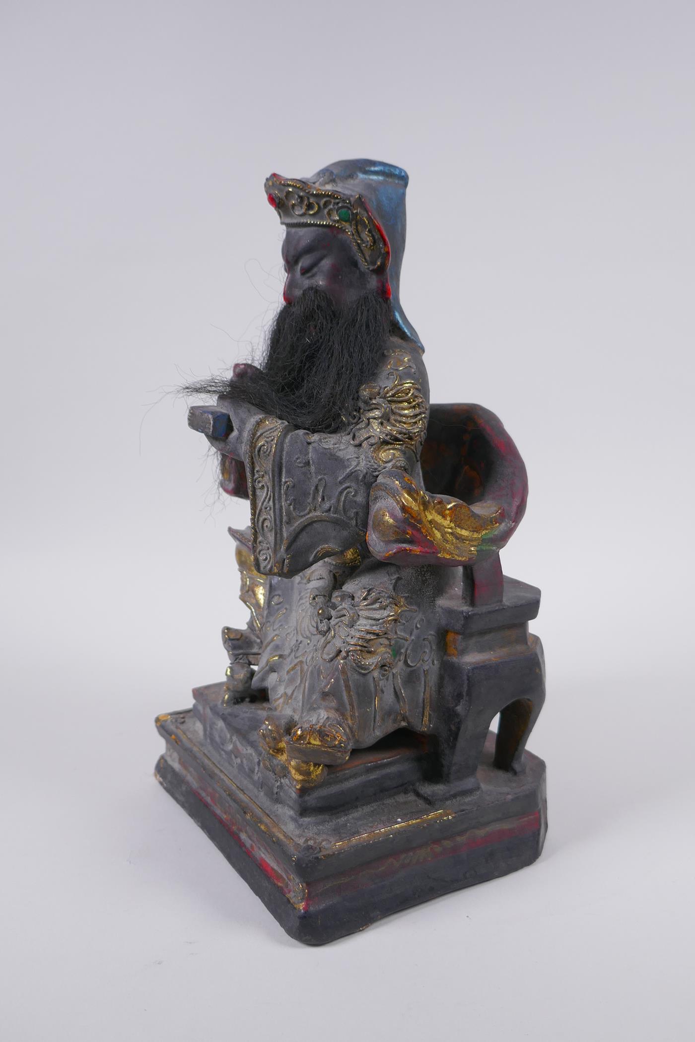 A Chinese carved, lacquered and gilt figure of a seated emperor, 28cm high - Image 5 of 6