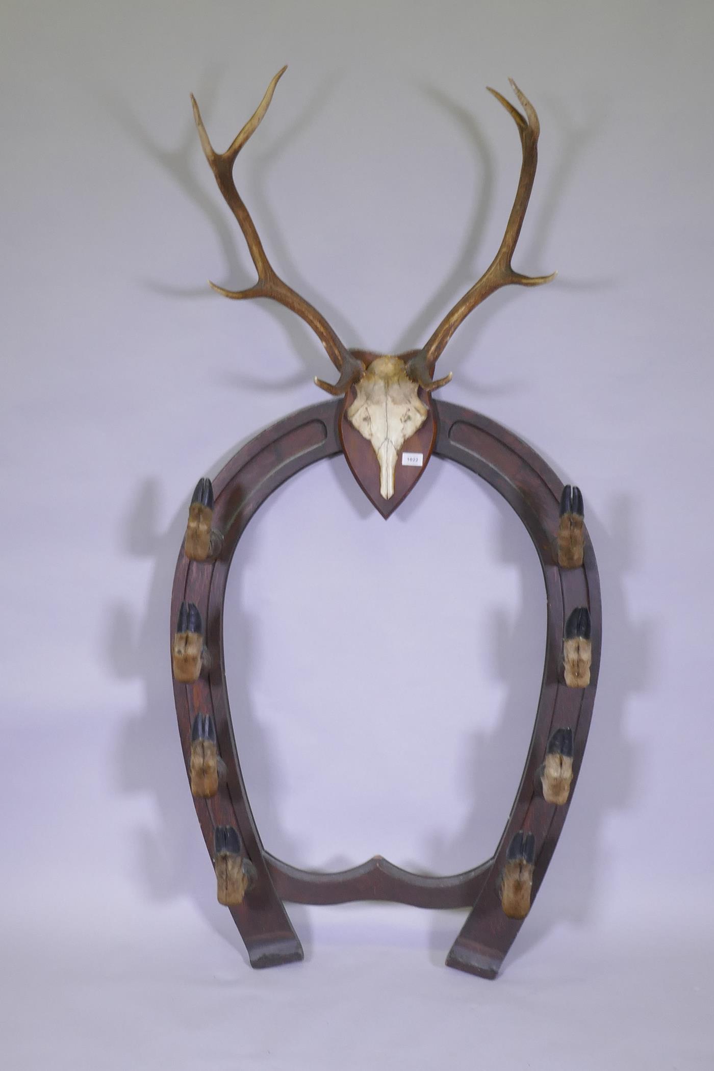 A Victorian oak gun rack in the form of horse shoe with deer's hoof hooks and antler crest, 84cm