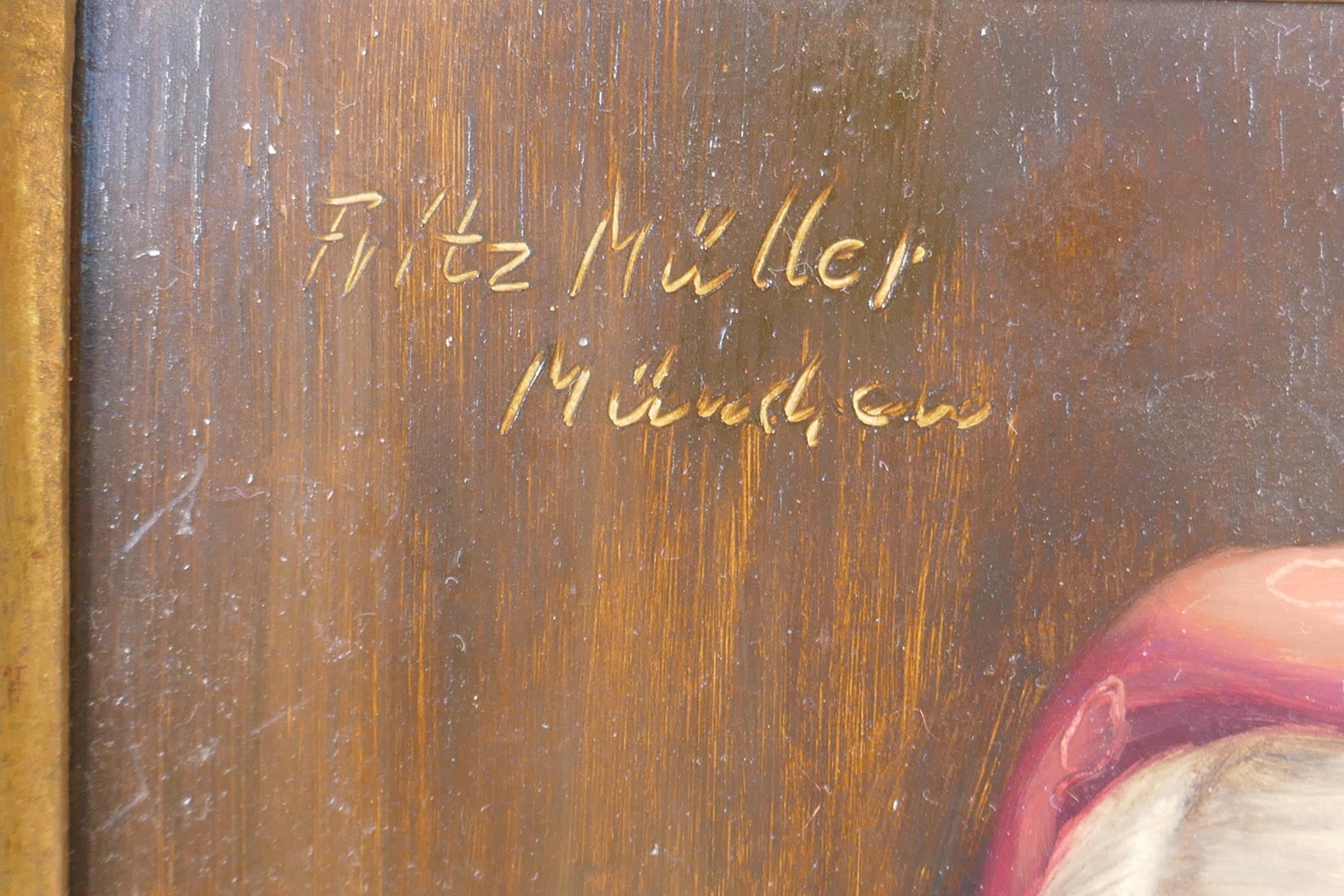 Fritz Muller, the wine drinker and coffee drinker, signed Fritz Muller, Munchen, oils on board, in - Image 5 of 5