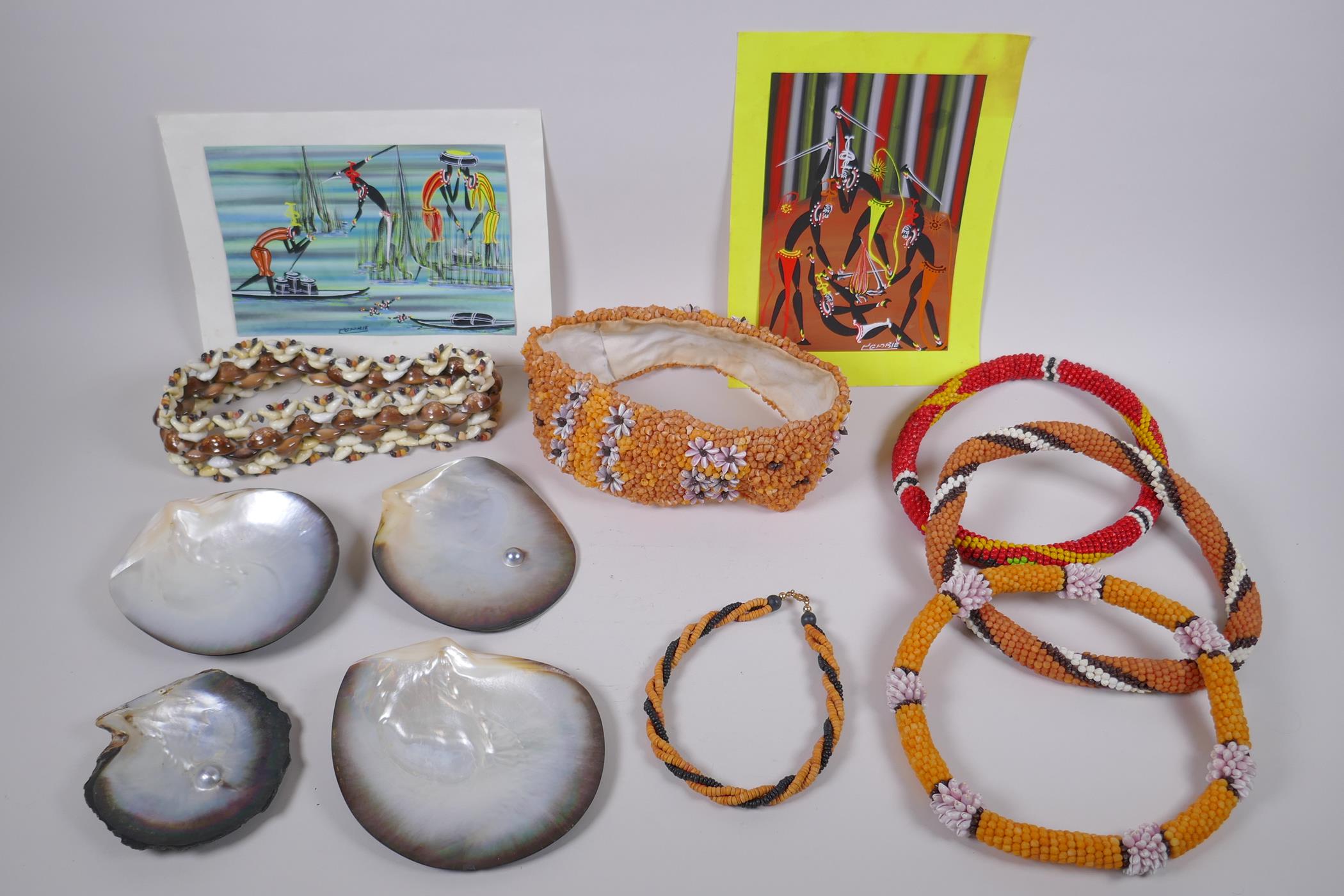 A collection of Tahitian items including six beaded shell items of jewellery, four pearl shells